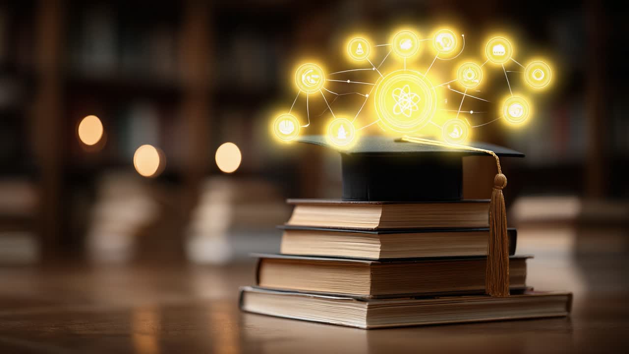 Exploring the Power of Knowledge: A Graduation Cap on Books Surrounded by Enlightening Symbols of Science and Learning in a Cozy Library Setting