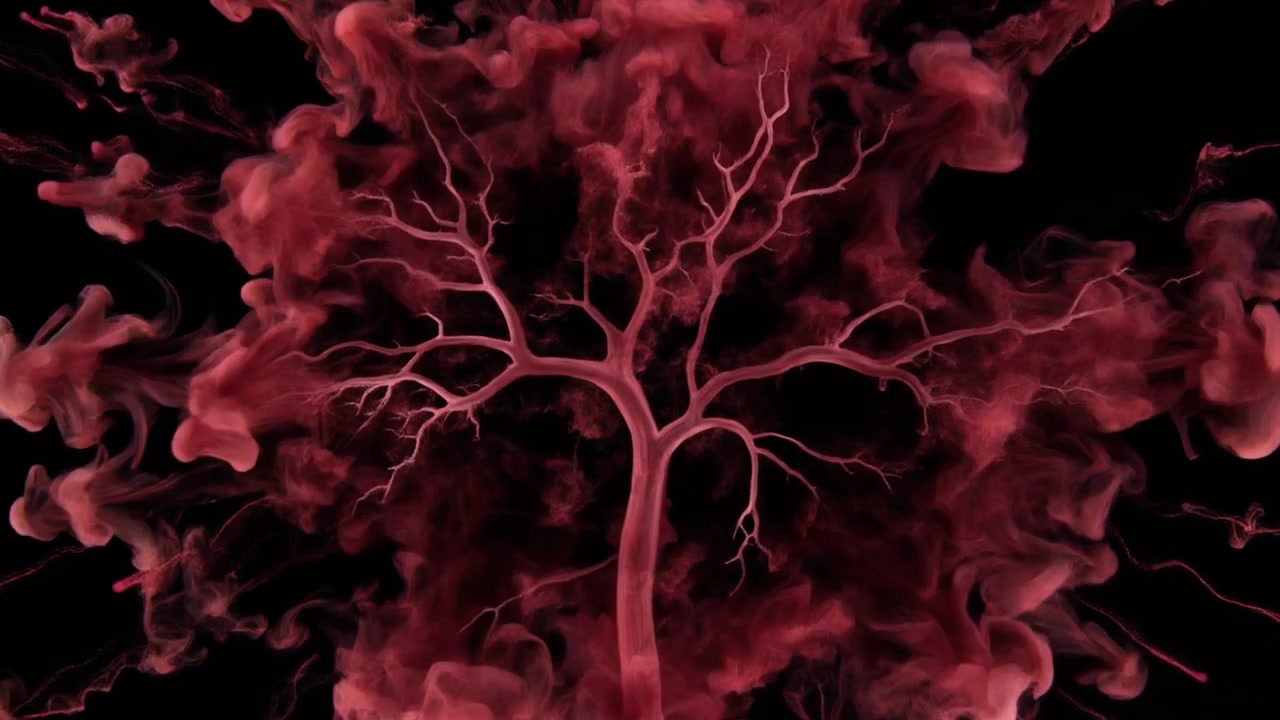 Inchiostro rosso che si diffonde nell'acqua formando una forma ad albero