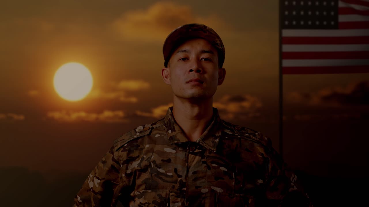 미국 발과 함께 해가 지는 군인 초상화