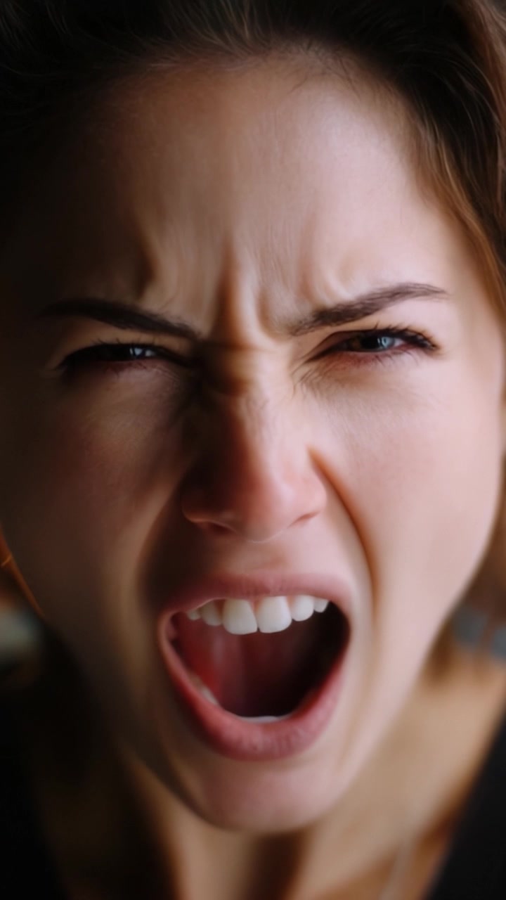 Intense Emotional Expression: A Close-Up of a Woman's Face Capturing Raw Anger and Frustration in Two Powerful Moments of Shouting and Outrage.