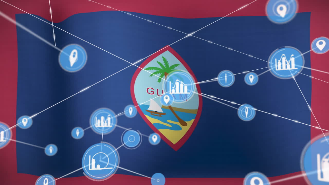 animación de la red de conexiones con iconos y bandera de guam