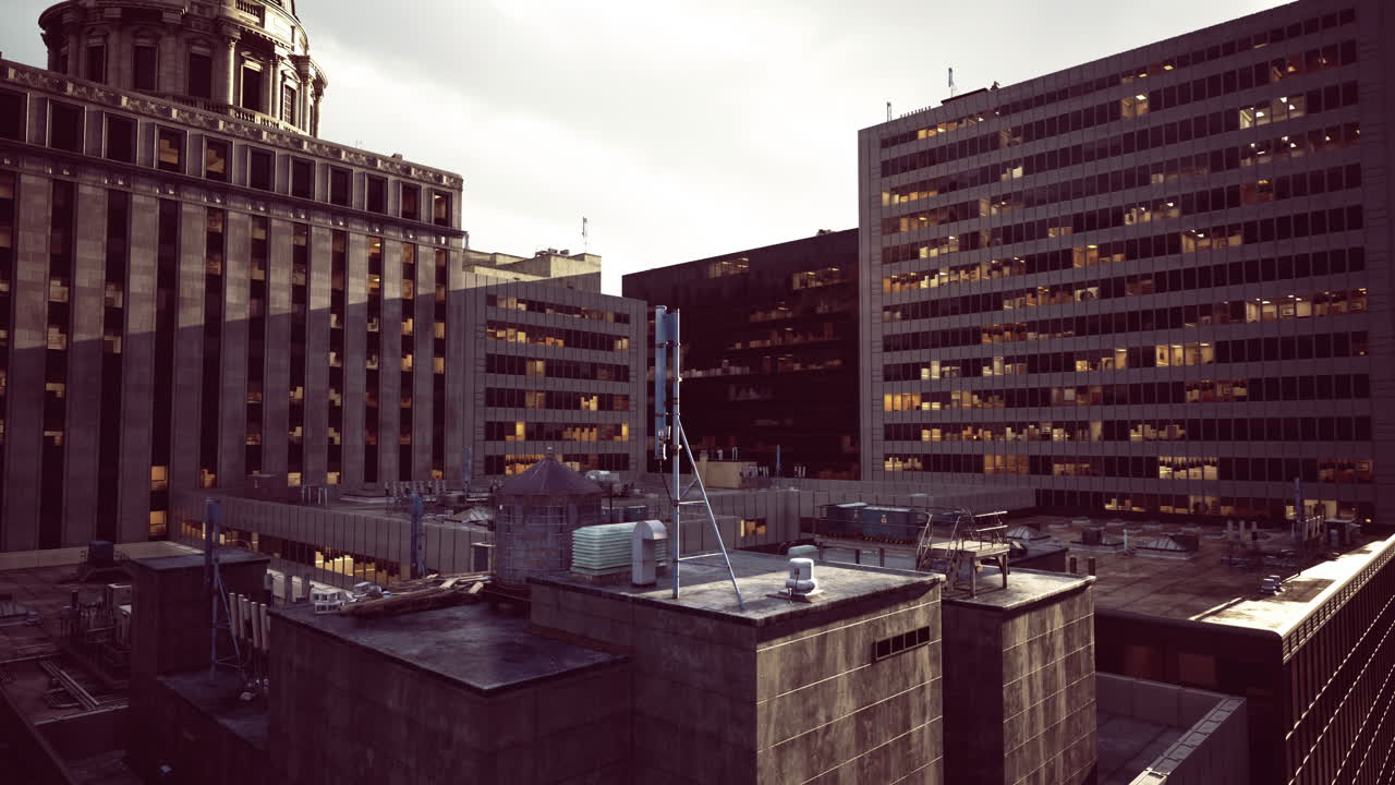City skyline view at dusk showcasing modern and historic architecture