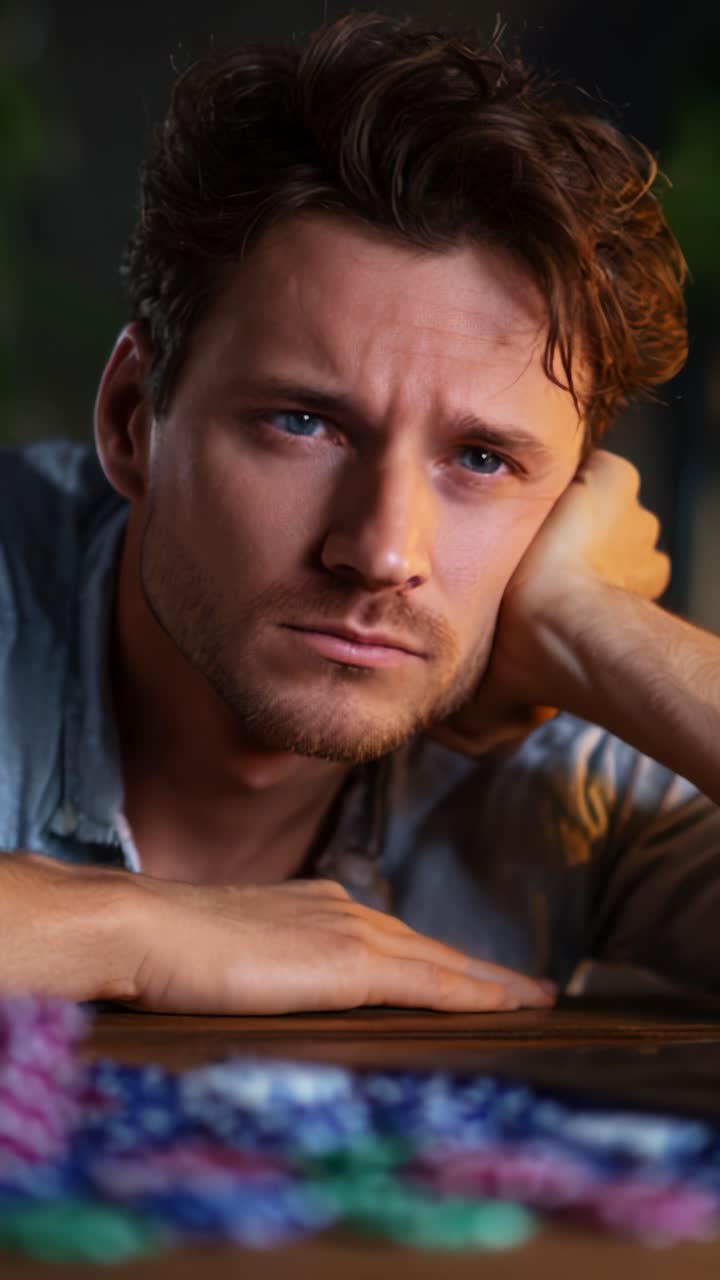 Captivating Emotional Portrait of a Pensive Man with Striking Blue Eyes, Resting on His Hand Amidst Colorful Objects on a Table in Soft Natural Light