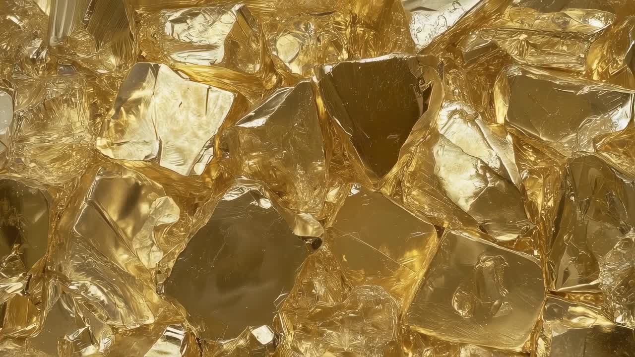 Golden ice cubes shimmering under soft light, revealing reflective surfaces and intricate crystalline patterns with luminous, gemstone like radiance and exotic metallic glow