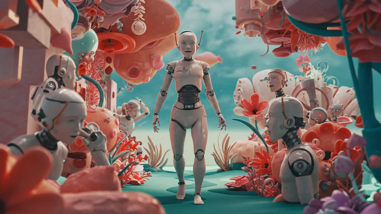 Exploring a Vibrant World of Robotics: A Journey Through a Colorful Landscape of Organic Forms and Mechanical Companions