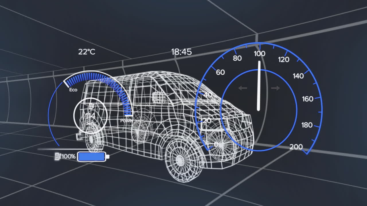 Wireframe electric car gliding through grid tunnel, displaying gauges, battery, temperature, time