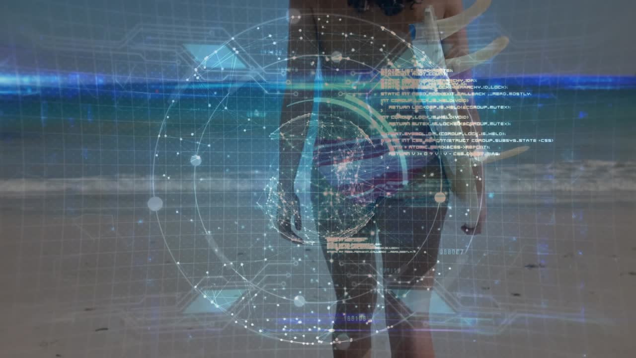 Animation of data processing over caucasian woman with surfboard at beach