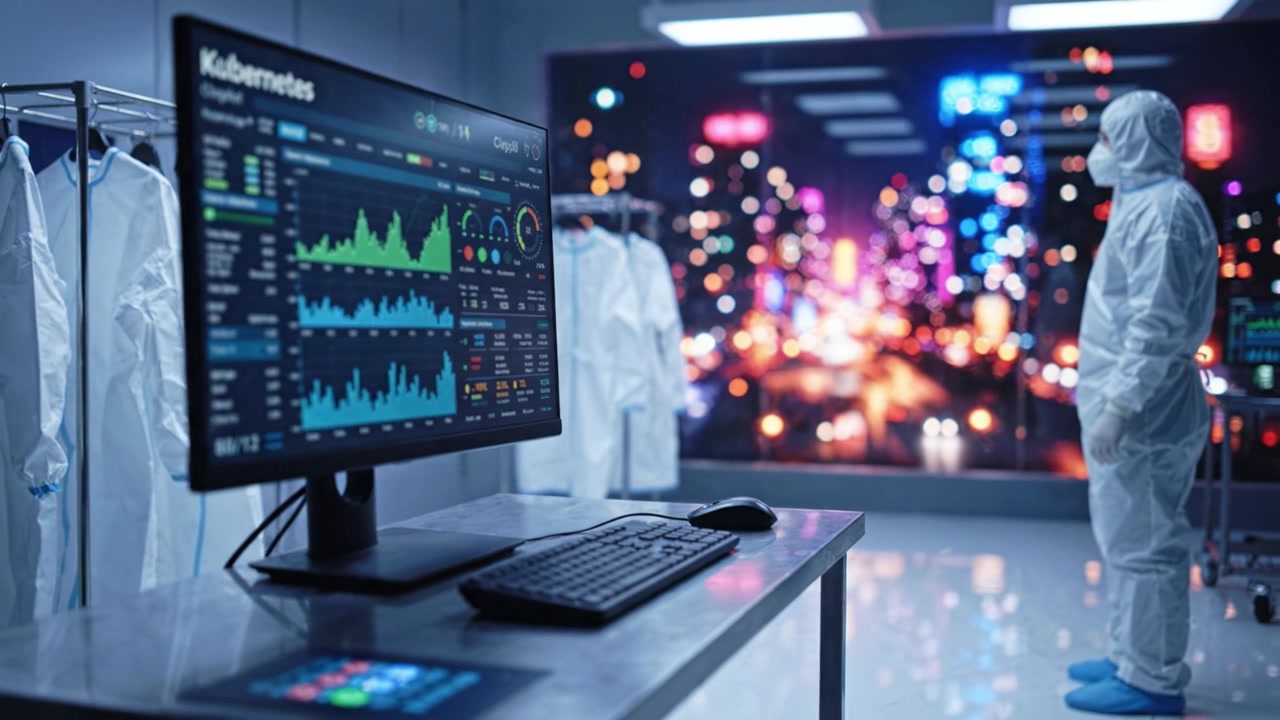 Configurazione di analisi e monitoraggio ad alta tecnologia in un ambiente futuristico, con uno schermo che mostra dati e vivaci luci della città sullo sfondo