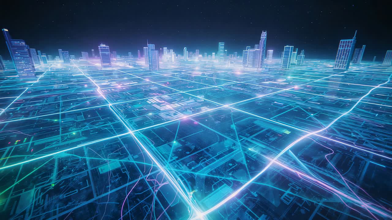 Initializing neon grid pulsing cyan-magenta pathways in data flow simulation, high-rise skyline
