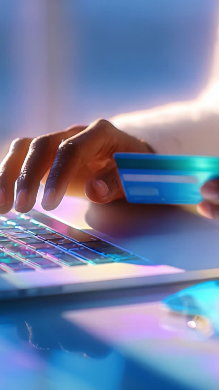 Primo piano di una mano che tiene una carta di credito mentre utilizza un laptop, mettendo in risalto l'esperienza di acquisto online in un ambiente luminoso e riflesso