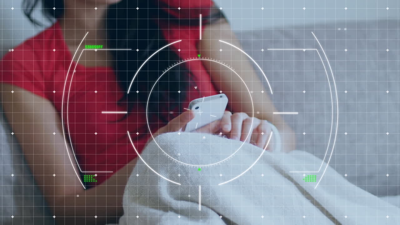 Animation of scope scanning over woman using smartphone
