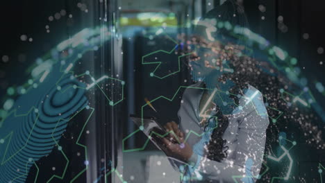 in server room, businesswoman using tablet with animation of digital network connections