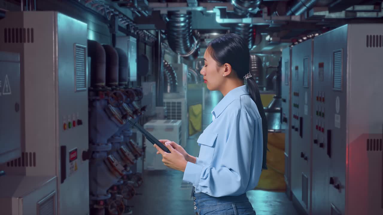 Side View Of An Asian Female Professional Worker In Engine Control Room, Observes By Looking Up Before She Come To Concentrating On The Tablet And Keep On Checking