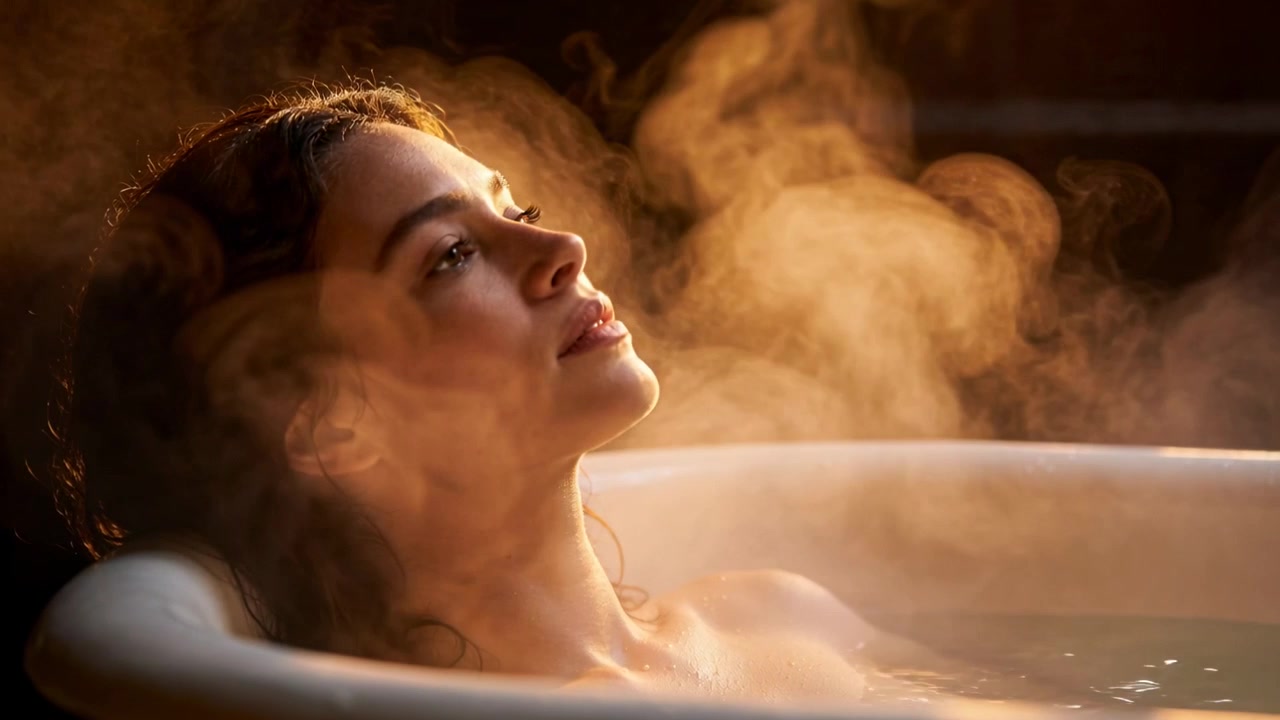 Donna sdraiata che si rilassa in una vasca da bagno autoportante nel bagno, acqua calda che produce vapore.
