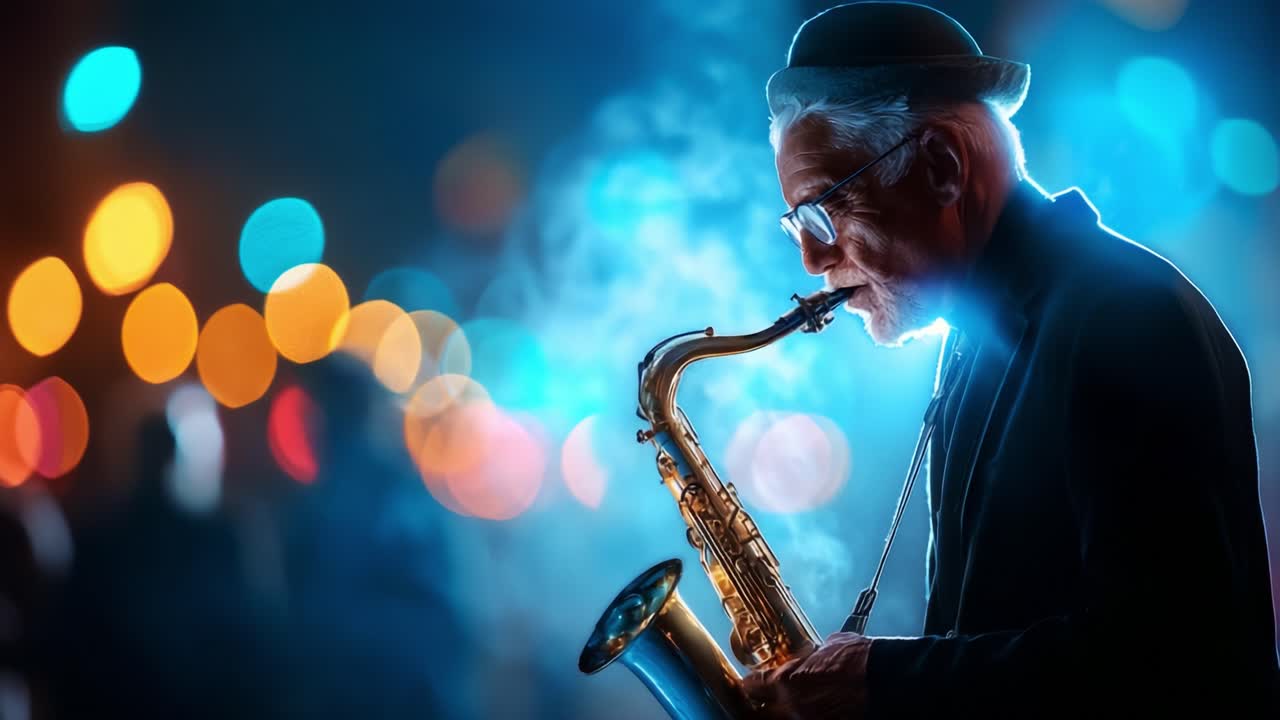 An elderly musician passionately plays the saxophone against a backdrop of vibrant bokeh lights, creating a captivating atmosphere filled with soulful melodies and jazz rhythms