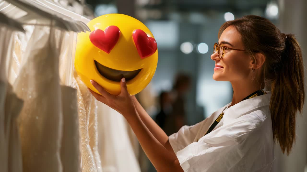 A Woman Enthusiastically Engages with a Heart-Eyed Emoji Balloon While Exploring Elegant Dresses in a Brightly Lit Store, Highlighting Fun and Fashion in a Unique Shopping Experience