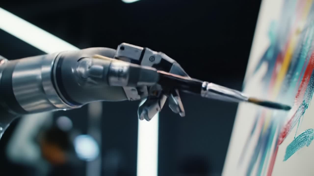 A robotic hand skillfully paints on a vibrant canvas in a contemporary art studio. The demonstration showcases advanced technology blending with creativity at an art exhibition.
