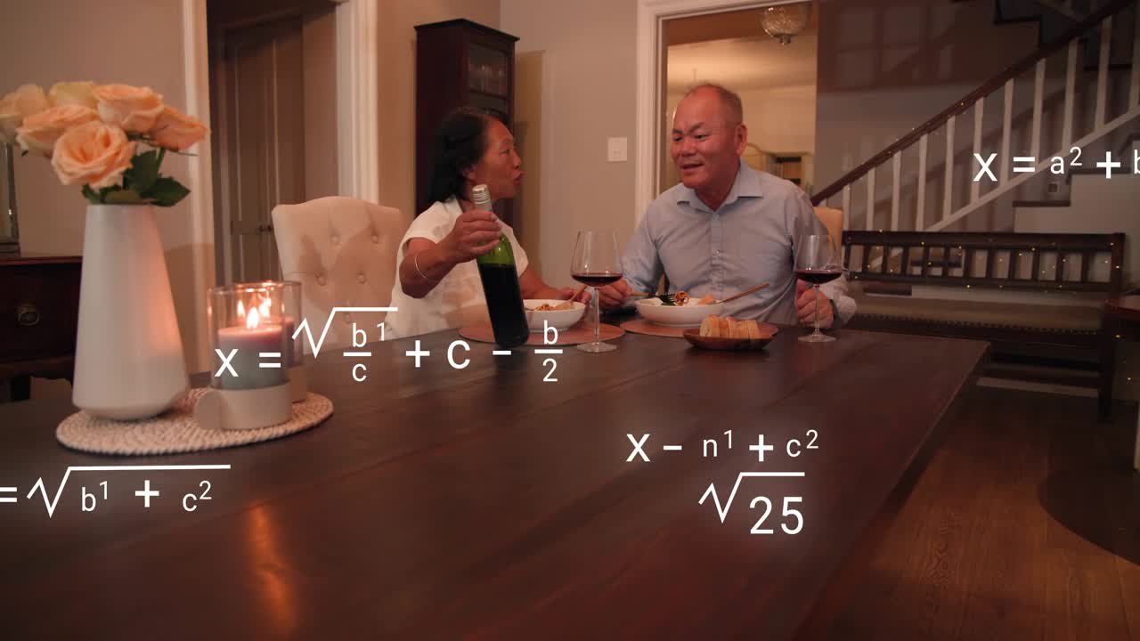 Woman sipping wine then reaching green bottle to show label tech formulas shifting over couple