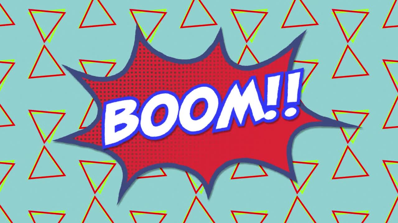 Animation af 'boom'-tekst på en retro taleboble mod trekantede former i et sømløst mønster.