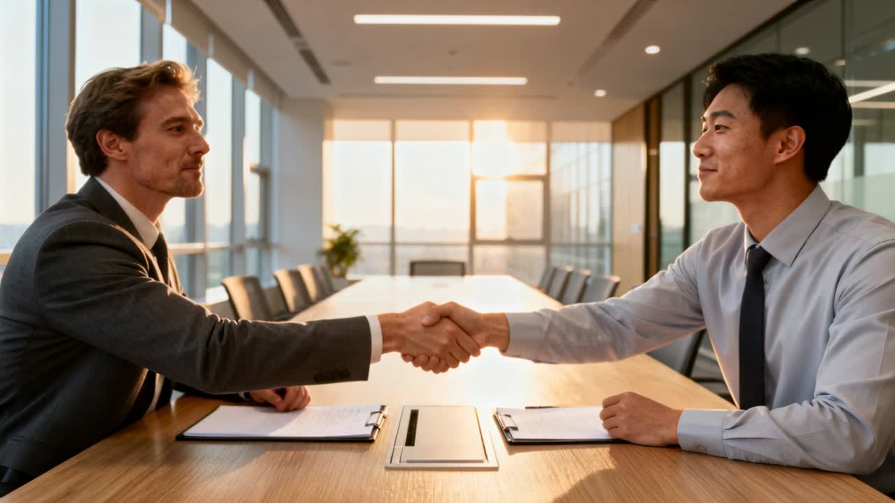 Extending hands, two men in suits shaking hands at conference table with clipboards, sealing deal