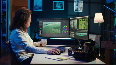 video editor polishing raw footage, enjoying cup of coffee