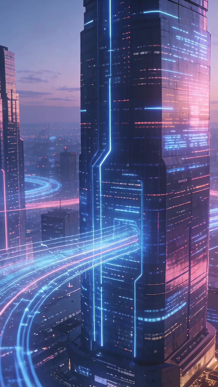Vertical video: Tower receiving neon streams from left via mid portal, pulsing neon lines at dusk