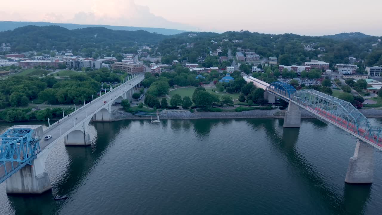 Aerial over John Ross Bridge and Walnut Street Pedestrian Bridge over Tennessee River in Chattanooga