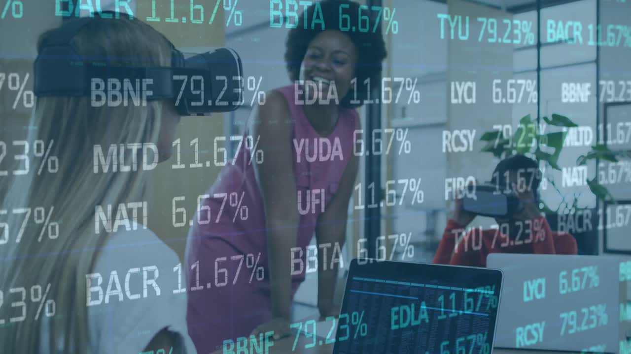 Animering av finansiell databehandling över olika affärskvinnor på kontor