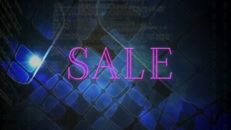Animation-of-sale-pink-text-over-blue-glowing-squares