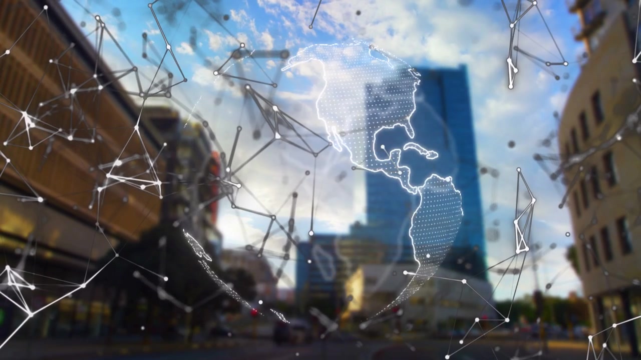 Overlay verschijnt, wereldbol en knooppuntennetwerk roteren, punten verzendend, en tonen wereldwijde verbindingen over de stad.