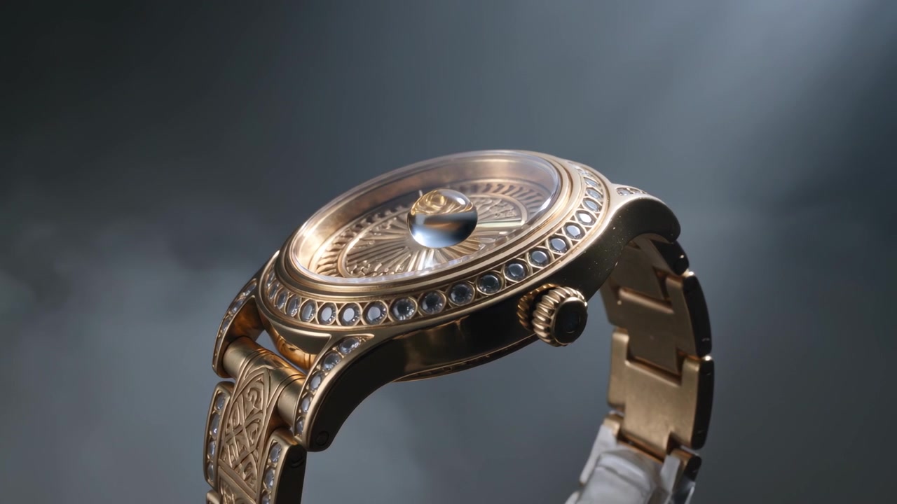Sfera che appare e scende su un cristallo bombato di un orologio d'oro in studio, evidenziando la lunetta della gemma.