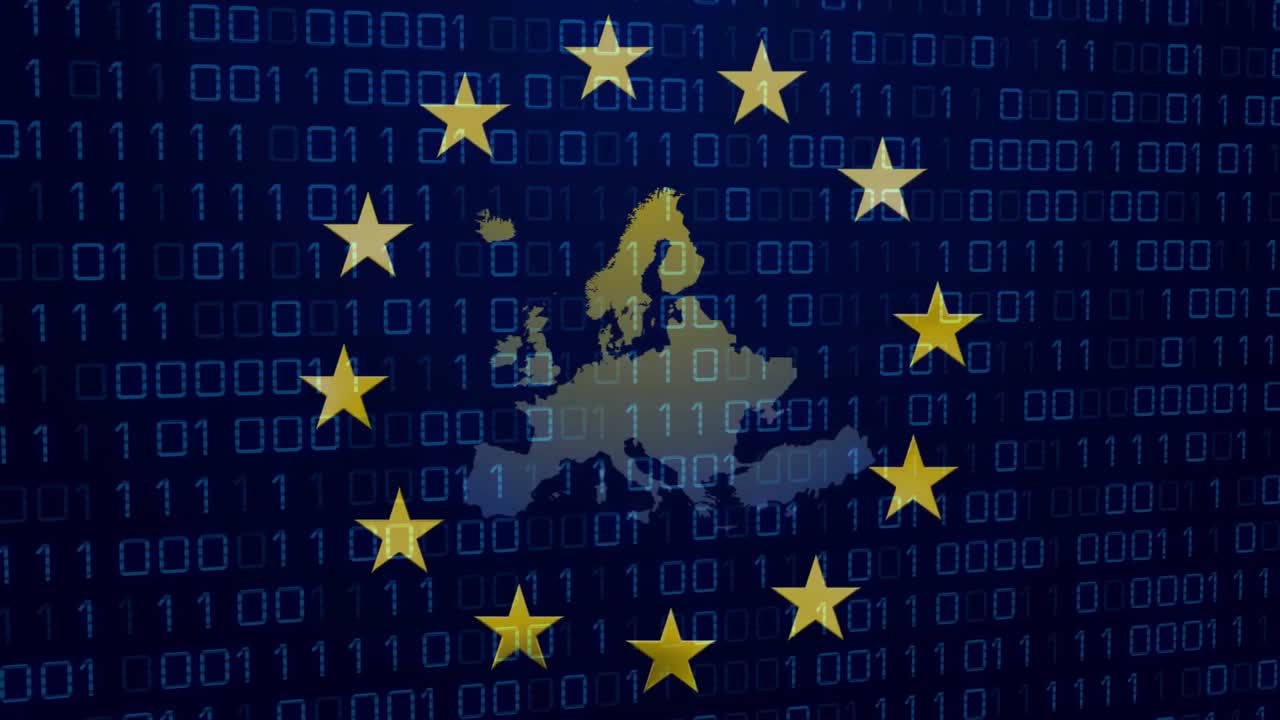 Flusso di codice binario che parte dalla sagoma dell'Europa, con stelle dorate che appaiono gradualmente formando l'emblema dell'UE