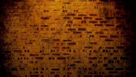 animation of glowing neon thumb up icon on brick wall