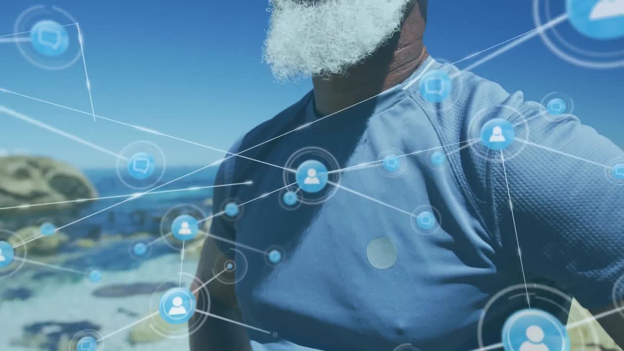 해변에 서 있는 노인 아프리카계 미국인 남성 위의 연결 네트워크의 애니메이션