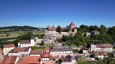 rue medieval town switzerland castle aerial drone historic buildings europe