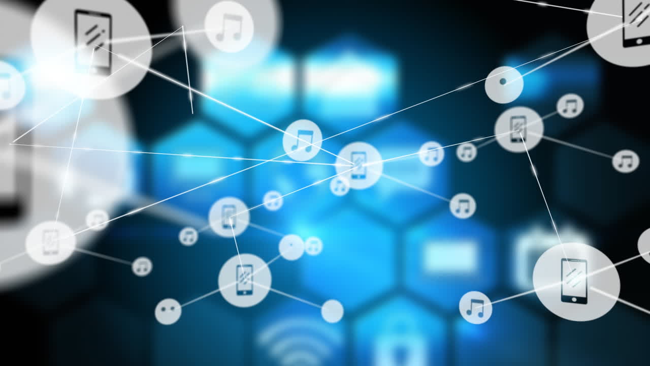 파란색 육각형 배경 위에 음악 아이콘과 연결된 장치를 애니메이션화합니다.