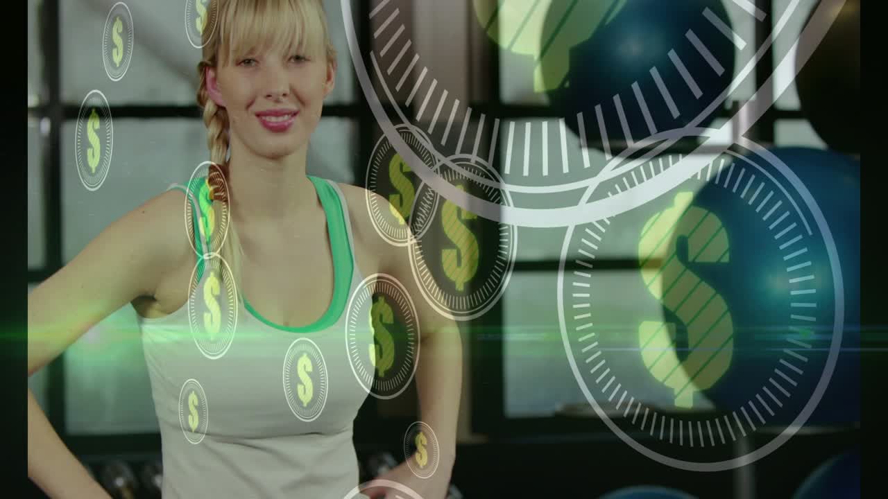 Woman balancing shifting and extending arms on mat camera pulling finance icons floating over her