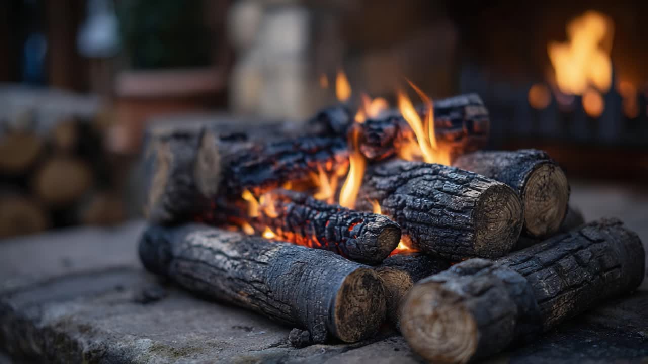 A Cozy Fire Pit Glows as Logs Burn Brightly, Casting Warm Light and Soft Shadows in a Relaxing Outdoor Setting Perfect for Relaxation and Gatherings