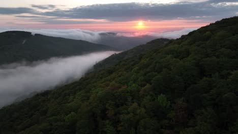 aerial over ridgetop at sunrise in appalachia between boone and blowing rock nc, north carolina