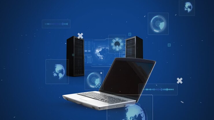 Animation of scope scanning and data processing on screens over laptop and servers
