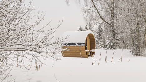 Wooden-sauna-in-cold-and-harsh-white-winter-landscape