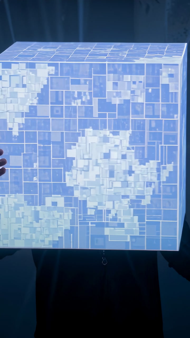 Vertical video: Rotating cube with floral tiles on stage, hands in dark sleeves framing to inspect