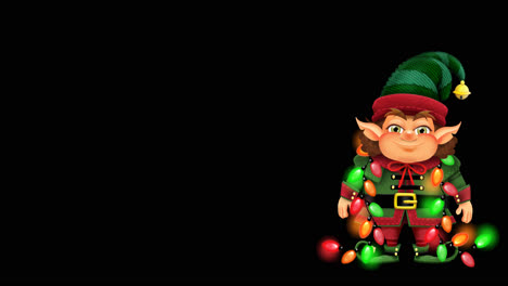 ilustración animada de 4k de feliz duende navideño con luces de cadena parpadeantes ondeando sobre fondo alfa transparente