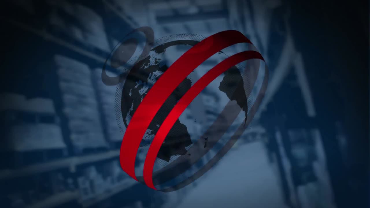 animación digital de escáneres redondos sobre un globo giratorio contra el almacén en el fondo