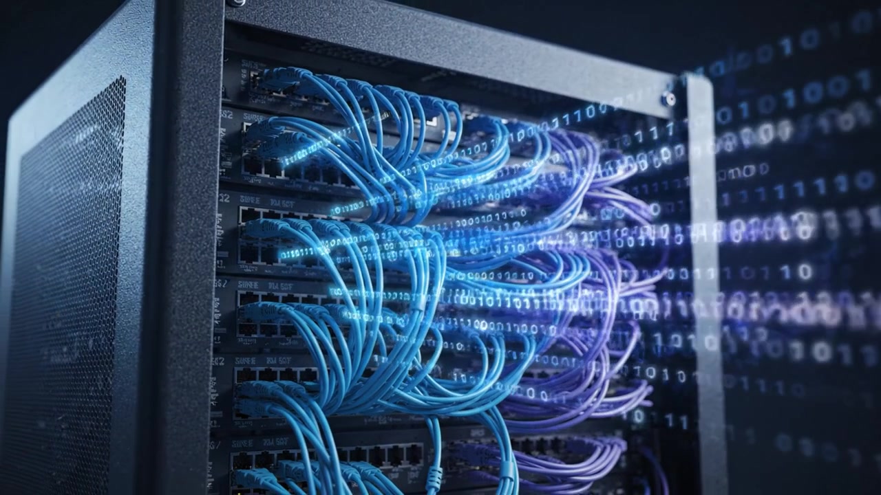Advanced Data Center Network Infrastructure with Colorful Cables and Binary Code Background Showcasing Modern Technology in Action