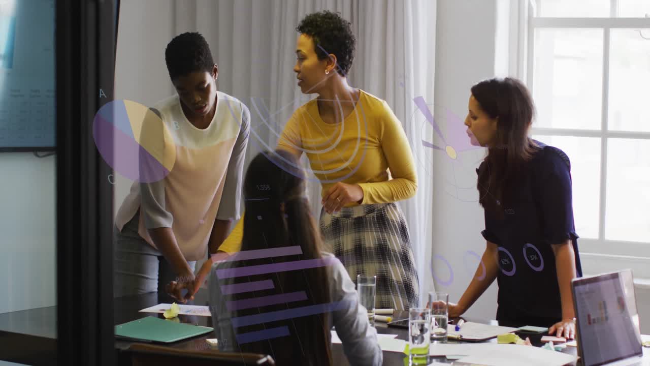 Animation of data processing over diverse business people talking in office