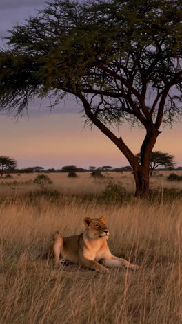 lioness resting in the african savanna at sunrise