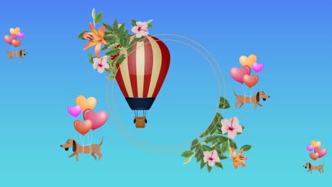animación de una pancarta floral con espacio de copia sobre perros atados a iconos de globos sobre fondo azul