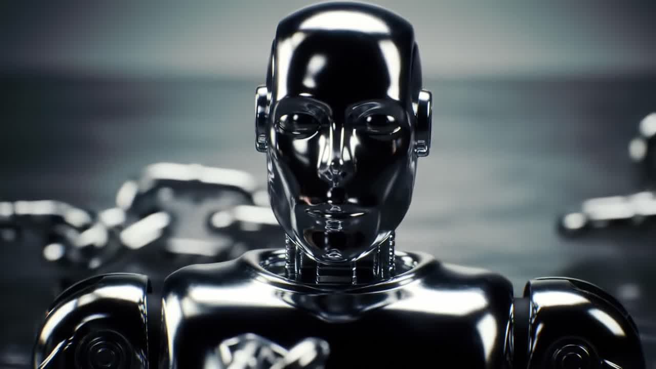 A Futuristic and Polished Robot in a Reflective Environment, Showcasing Advanced Technology and Human-like Features, Capturing the Essence of Artificial Intelligence and Robotics