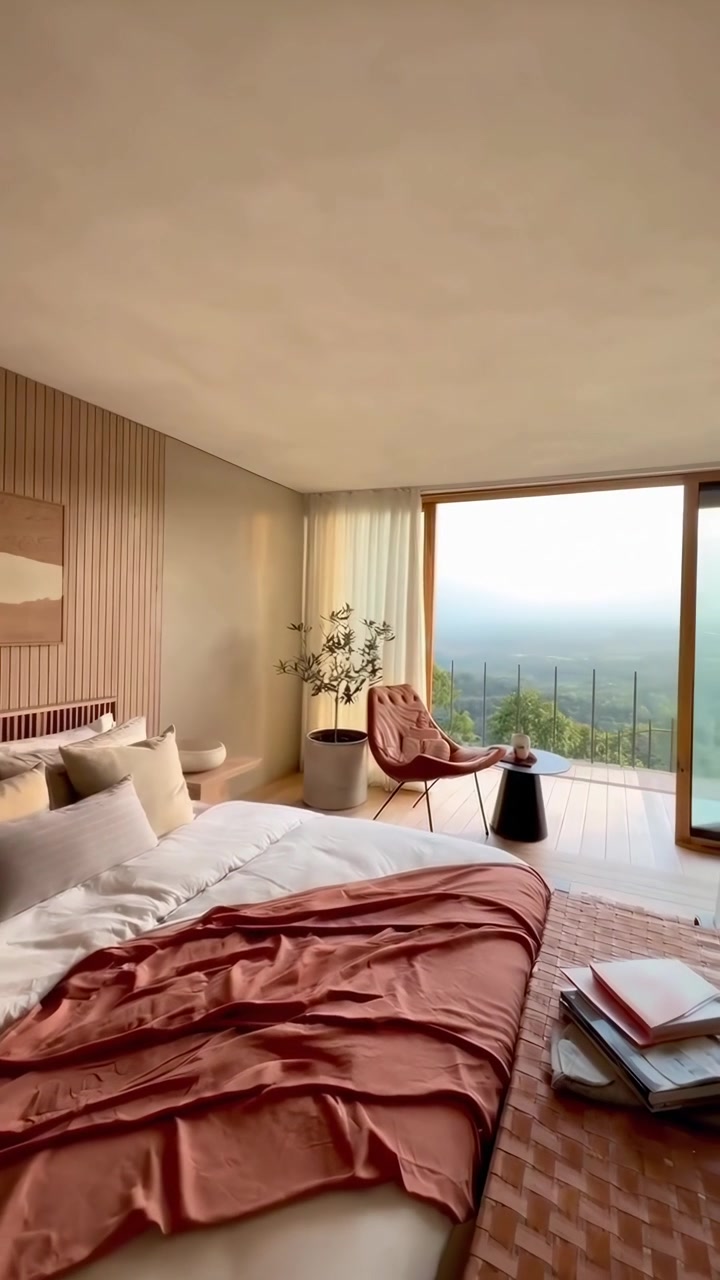 Modern Bedroom Interior with Scenic Mountain View